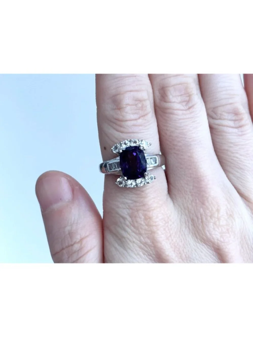 Amethyst Gemstone & CZ Framed Sterling Silver Cocktail 925 Vintage Ring sz 7.75